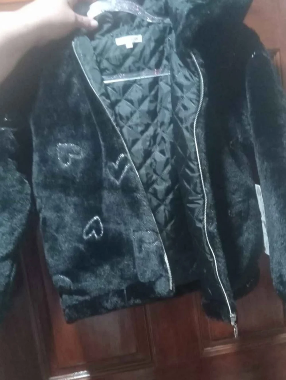 Girls' Black Faux Fur Heart Zip-Up Jacket